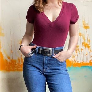 Free People Burgundy V-Neck Bodysuit